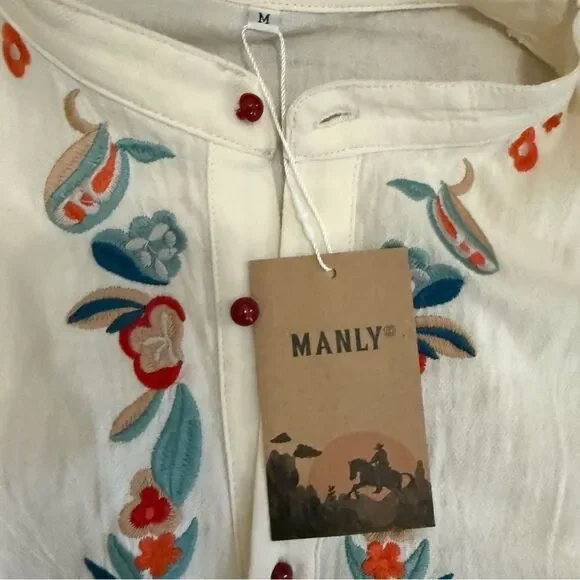 Manly/Unisex Casual Cream and Red Embroidered Button Down Shirt NWT! - Picture 8 of 13